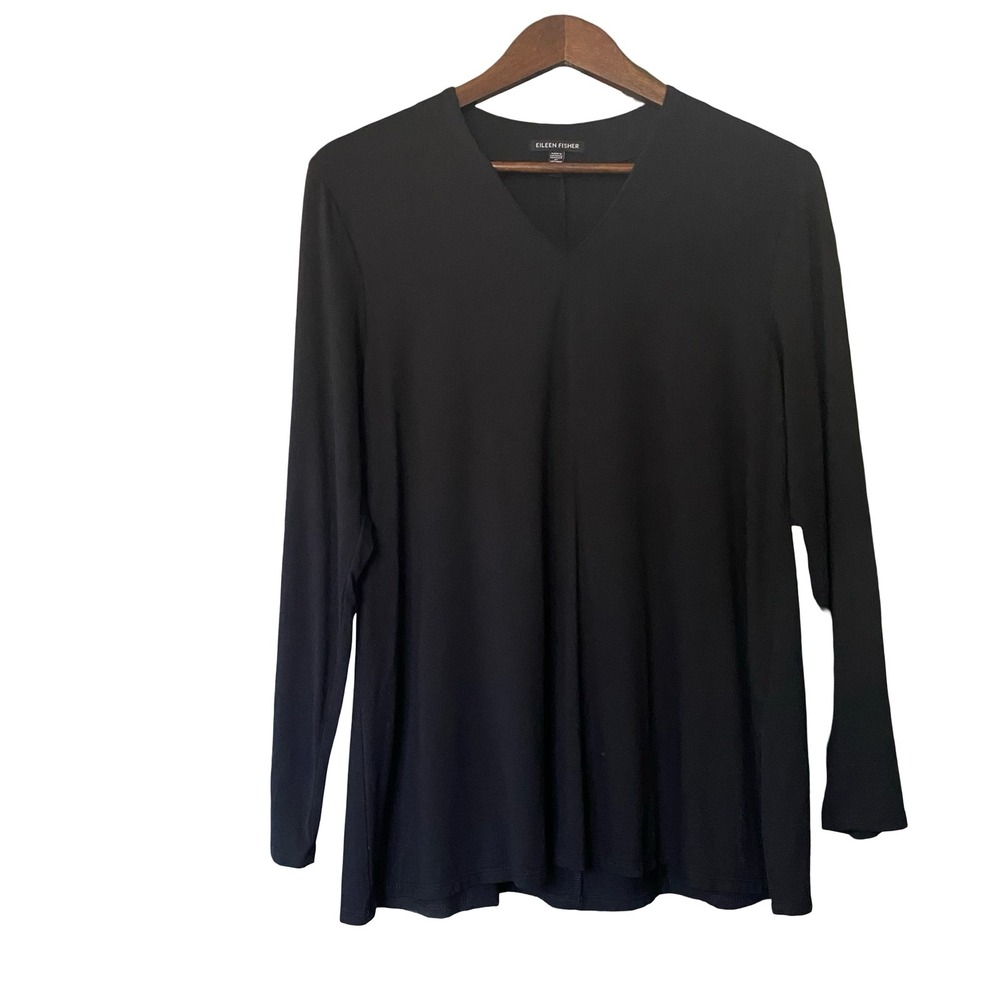 Eileen Fisher Black Tencel Lyocell V-Neck Long Sleeve Tunic Top Small S/P